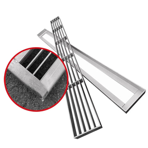 Low Pro Stainless Steel Trench Drainage System With Durable Linear Drain Covers for driveways, patios, courtyards, and lawns.