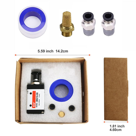 Pneumatic Lever Operated Manual Switch Valve 1/4 NPT, 3 Way 2 Position, includes quick fittings and Teflon seal in packaging.