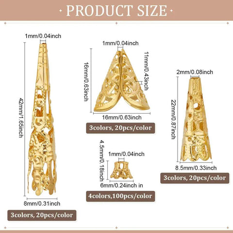 Long Flower Bead Caps Set With 520 Pcs Iron Cones And Filigree End Caps, product size details in 14 styles