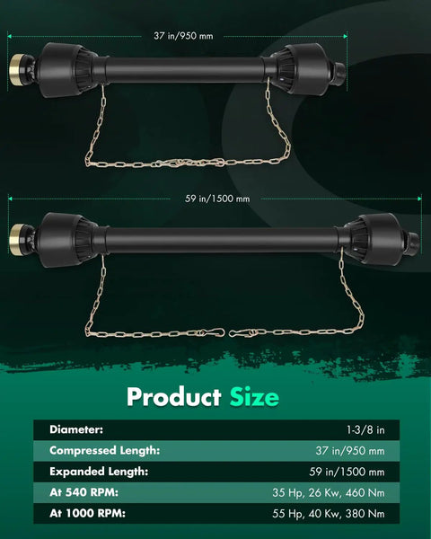 Heavy Duty Adjustable Pto Shaft For Tractors 40.5 To 66.5 Inches Slide Extension 1 3 8 Inch Driveline size illustration showing lengths.