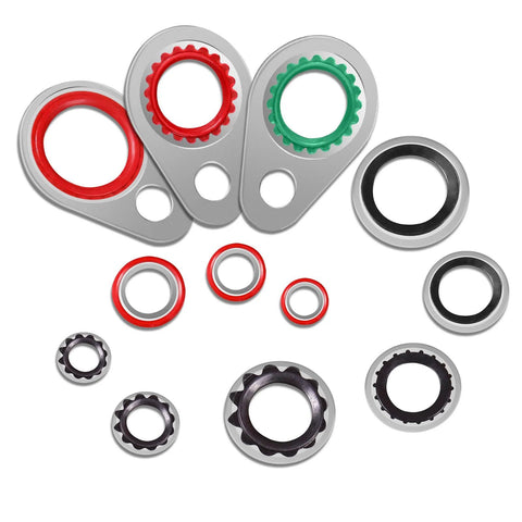 XBVV 95-piece, 12-size automotive A/C compressor gasket and seal kit with red, green, and black rings on metal backing plates