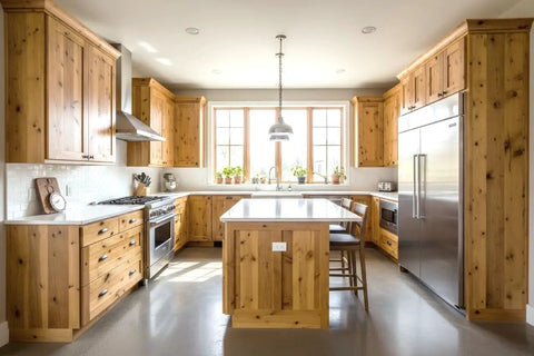 Top Shelf Golden Oak Reactive Wood Stain kitchen with warm oak cabinets, light countertops, and a modern design.