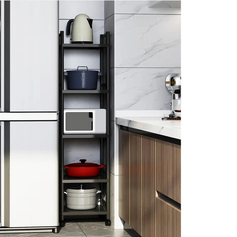 5-Tier Metal Standing Storage Shelves On Wheels With Height Adjustable Racks in kitchen corner holding appliances
