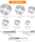 Eight Piece HSS Drill Saw Blades Kit For Rotary Tools And Drills, sizes and components displayed, including screwdriver.