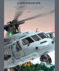 Close-up of SH60 Seahawk 8CH RC Helicopter One Forty Seventh Scale With 2.4G Dual Brushless Motors GPS flying over trees.