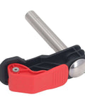 Close-up of stainless steel bench dog clamp from 2 Pack Quick Release Woodworking Clamps, showing red and black handle design