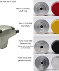 Beefy Air Pneumatic Palm Hammer with replacement pads showing soft, hard, medium, and aluminum options for precise metalworking jobs.