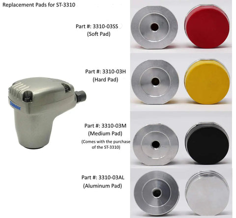 Beefy Air Pneumatic Palm Hammer with replacement pads showing soft, hard, medium, and aluminum options for precise metalworking jobs.
