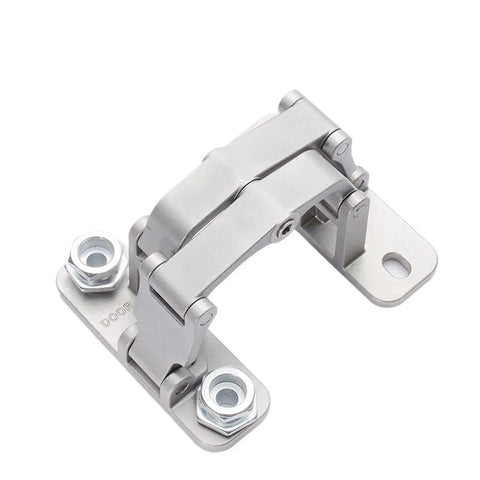 Pair Of Heavy Duty Concealed Door Hinges Precision Machined From Solid Stainless Steel showing angle with thick steel mount and hinge mechanism.