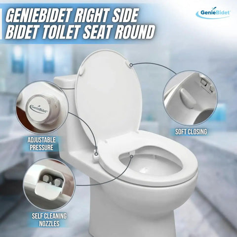 Round Bidet Toilet Seat With Adjustable Self Cleaning Nozzles shown with easy attachment kit and soft closing feature.