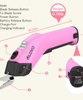 Heavy Duty Cordless Electric Scissors With A Badass 10000 Rpm Blade Assembly And Rechargeable 4v Battery System with labeled features.
