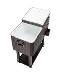80 Quart Rolling Cooler Cart for Patio and Pool Parties, Portable Beverage Trolley with Ice Chest, Brown Wicker Finish, open lid view