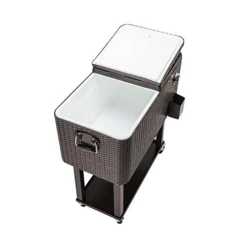 80 Quart Rolling Cooler Cart for Patio and Pool Parties, Portable Beverage Trolley with Ice Chest, Brown Wicker Finish, open lid view