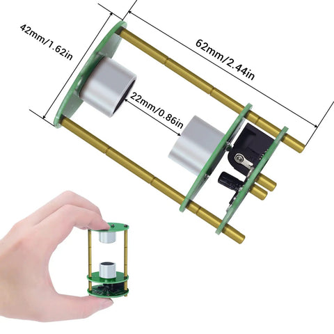 Cool Hands On Levitation Kit With Ultrasonic Standing Wave Controller shown with dimensions and held in hand for scale.