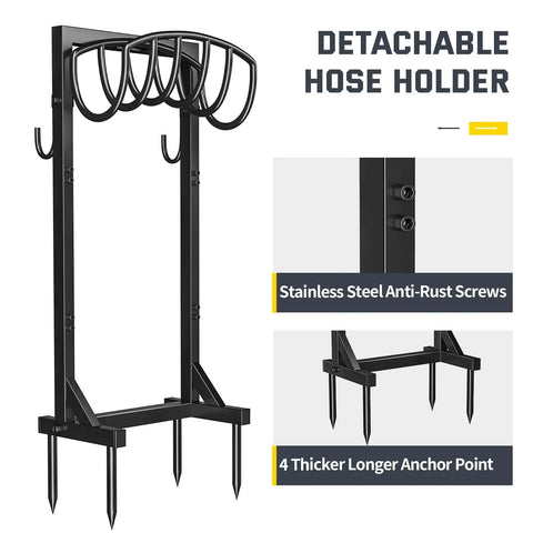 Heavy Duty Garden Hose Holder Stand With Four Spikes And Two Tool Hooks Freestanding Metal Hose Reel Organizer For Outdoor Yard Storage Detachable Water Hose Rack shown with steel frame and hooks.