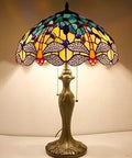 Stained Glass Tiffany Style Dragonfly Lamp for Bedside Table and Desk Navy Blue Yellow Turquoise Glass Shade 16x16x24 Inch Metal Base Decor Light for Bedroom Living Room Home Office UL Listed Pull Chain