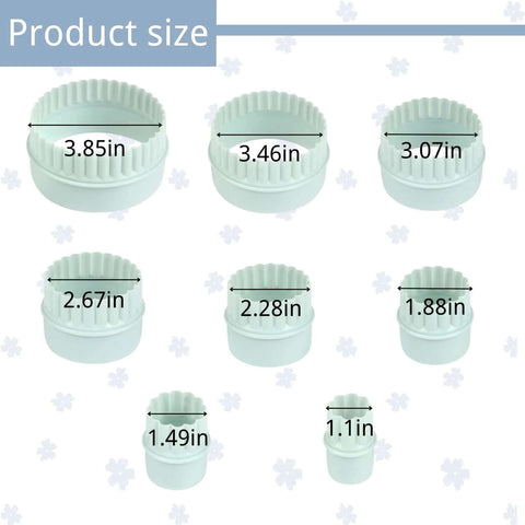 Crethinkaty 8-pack two-sided round cookie cutters, plastic; diameters from 1.1 to 3.85 inches.