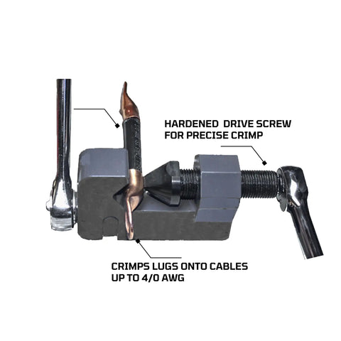 Three Point Mini Wire And Cable Crimper for Tight Spaces in vise setup with hardened drive screw and cable lugs