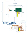 Diagram showing dimensions of Cedar Wood Swing Set With Wave Slide And Elevated Play Deck, Double Rock Wall, Rope Ladder.