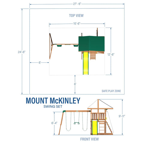 Diagram showing dimensions of Cedar Wood Swing Set With Wave Slide And Elevated Play Deck, Double Rock Wall, Rope Ladder.
