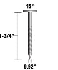 Illustration of 15° siding nail 1-3/4 in length, 0.92 in diameter, for exterior use. Sixteen Degree Full Round Head Ring Shank Electro Galvanized Wire Coil Siding Nails 1-3/4 In By 0.092 In 3,600 Count Built To Hang Tough For Siding Sheathing Decking And Fencing.