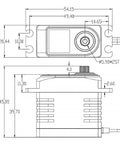 Technical drawing of Waterproof RC Servo Controller With Beefy 40kg Torque Coreless Metal Gear Digital Servo dimensions.