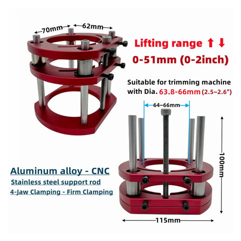Heavy Duty Router Lift With No Sweat Measuring Gauge And Rock Solid Aluminum Router Table Insert Plate For Quick 65mm Motor Mount And Smooth Woodworking Trim Tasks Gold Finish, showing dimensions and lifting range