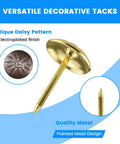 Top Tier Heavy Duty Antique Brass And Red Copper Upholstery Tacks With Classic Vintage Daisy Head Caps for upholstery projects, showing pointed design.