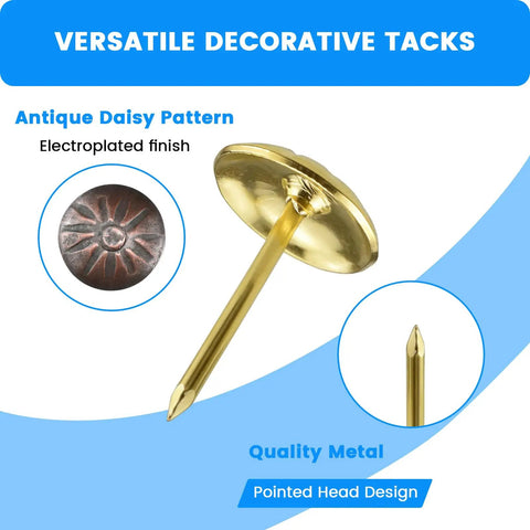 Top Tier Heavy Duty Antique Brass And Red Copper Upholstery Tacks With Classic Vintage Daisy Head Caps for upholstery projects, showing pointed design.