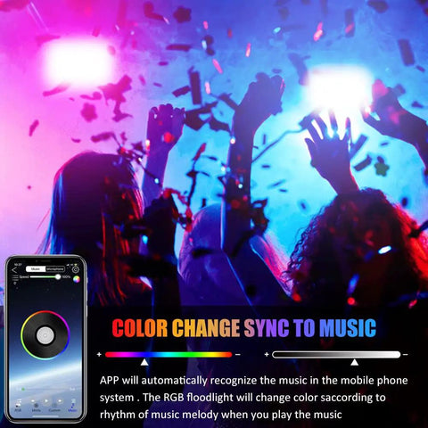 Colorful event with music sync feature of 2 Pack 60W RGBW LED Flood Lights with Bluetooth App Control, IP66 Waterproof Outdoor Security Lighting.