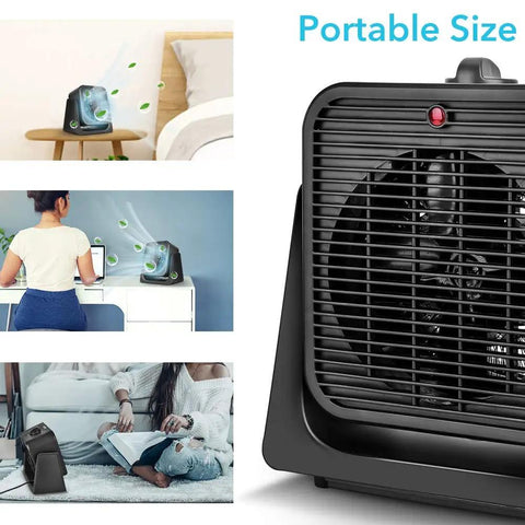 2 In 1 Desk Fan And Space Heater For All Year Comfort, Portable Air Circulator with 45 Degree Tilt, used in home and office settings.