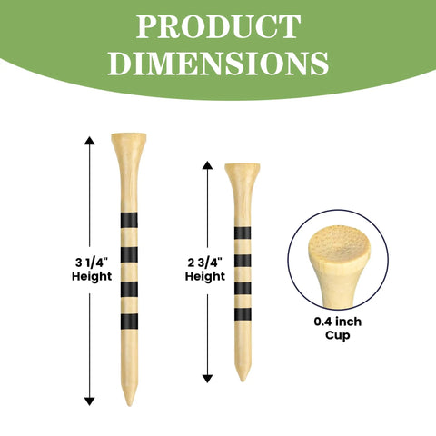 Biodegradable Bamboo Golf Tees Three And One Quarter Inch, 100 Pack, Natural Color, Eco Friendly Wooden Tees Dimensions