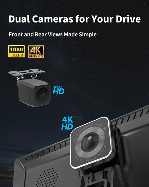 Dual cameras with 9 Inch Wireless CarPlay Screen For Cars With Android Auto, Touch Screen Display, Backup Camera, Bluetooth.