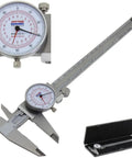 Close-up of 8 Inch Dial Caliper With Dual Readout Inches And Millimeters, Built Tough Stainless Steel, Shockproof, in carrying case