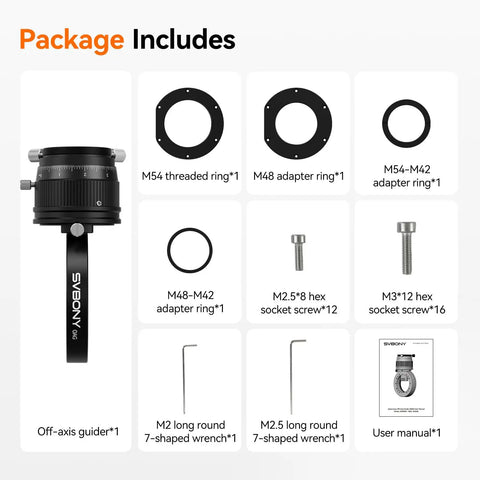 Go-To Off-Axis Guider OAG For Astrophotography With CNC Machined Body, 8x14mm Large Prism, M54 And M48 Adapters, package contents
