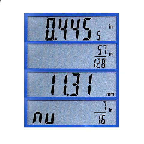 Digital Caliper For Fasteners With Inch Metric And Fraction Readouts showing measurements in inches, millimeters, and fractions.