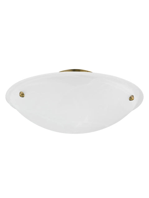 Oasis 3 Light Ceiling Mount Antique Brass Finish Modern Steel Build Contemporary Living Room Ceiling Light Fixture With Dope Clean Lines And Easy Install In Any Room, front view showing white alabaster glass.