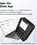 Six Slot Smart Battery Charger And Analyzer with LCD Display next to a laptop showing the ISDG app for firmware updates