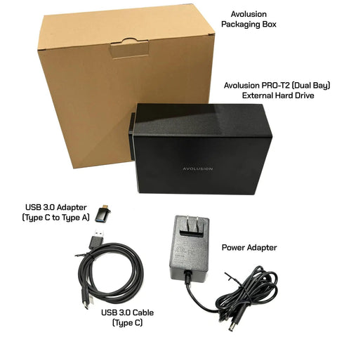 Top Shelf Dual Bay USB 3.0 External Hard Drive Yields Knockout 44Tb Storage set with accessories including power adapter and cables.