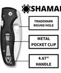 Shaman Folding Pocket Knife With 3.5 Inch CPM S30V Steel Blade And G10 Handle showing metal pocket clip and trademark round hole
