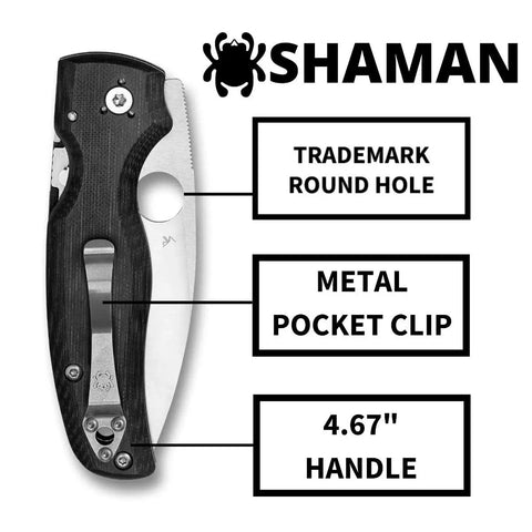 Shaman Folding Pocket Knife With 3.5 Inch CPM S30V Steel Blade And G10 Handle showing metal pocket clip and trademark round hole