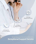 Woman using headset highlighting 30-day refund policy and 365-day replacement policy for exceptional support service.
