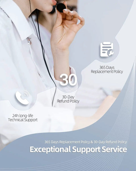 Woman using headset highlighting 30-day refund policy and 365-day replacement policy for exceptional support service.