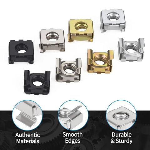 100 Pack M6 Rack Mount Cage Nuts 304 Stainless Steel Server Rack Hardware in various colors and finishes with smooth edges.