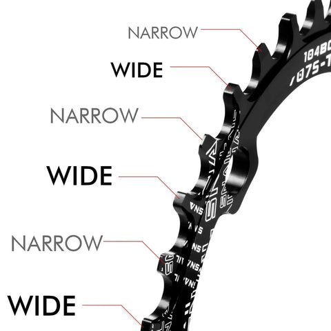 104 BCD 32T Narrow Wide Single Chainring With 4 Bolt Sprocket Bolts for road bikes mountain bikes and BMX MTB, black teeth close-up