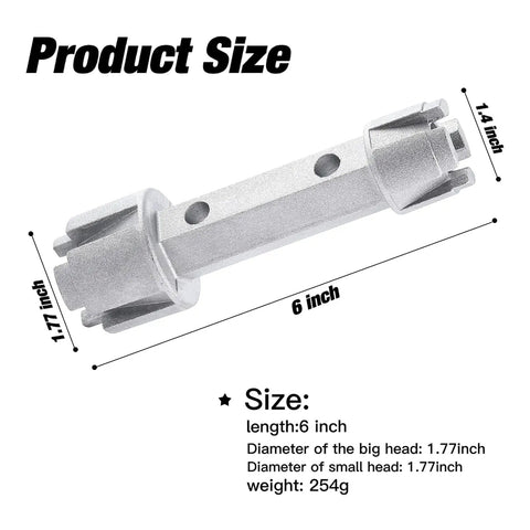 Tub Drain Remover Wrench For 1 3/8 And 1 1/2 Inch Drains with dimensions and specifications displayed