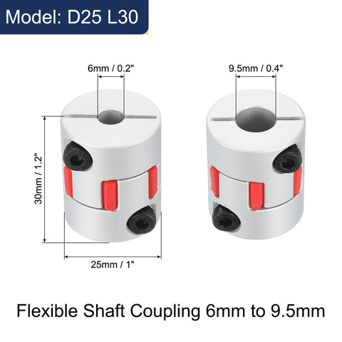 Flexible Plum Shaft Coupling Aluminum Motor Connector Spider Coupler 6mm to 9.5mm for 3D Printer CNC Machine, silver tone, red, with measurements