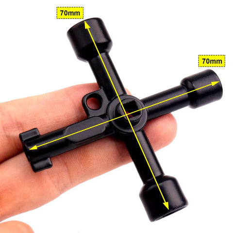 Six Piece Handy Electrical Cabinet And Utility Key Set With Four Way Panel Square Triangle And Cross Keys held by fingers