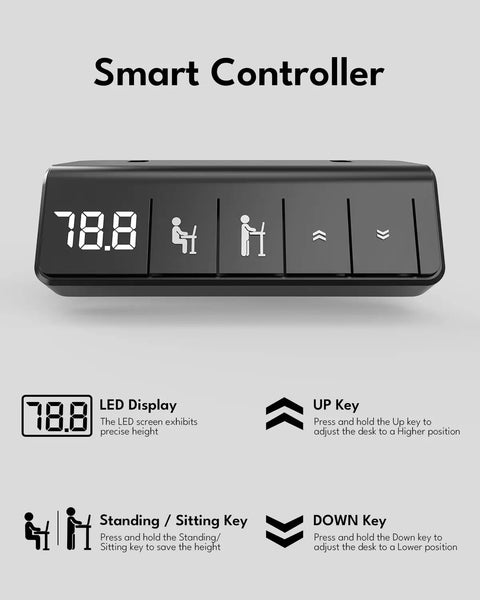 Smart controller for Electric Height Adjustable Standing Desk For Home Office Sit Stand 55 By 24 Inches with display and buttons.