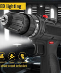 Rechargeable Cordless Drill And Electric Screwdriver Set Featuring 25 Plus 1 Torque Adjustments Dual Speed Alloy Chuck And Bright LED Light close-up of drill with LED lighting.